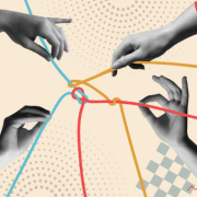 A conceptual image of several hands holding different pieces of tangled string