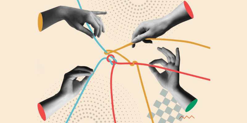 A conceptual image of several hands holding different pieces of tangled string